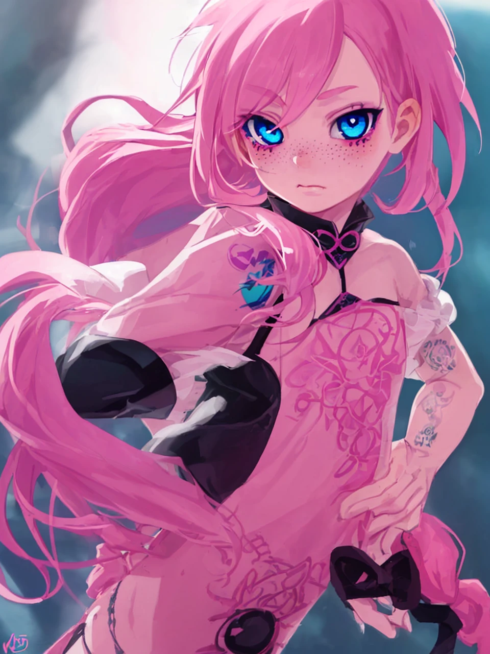 1 girl ,solo emo girl Pink hair blue eyes freckles blush across her nose tattoos looking at viwer full body anime style art