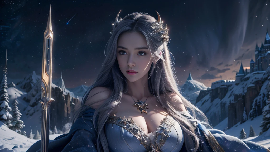 masterpiece, rest, best quality, Very detailed, Super real, 16K, high resolution, castle,snow, ((Starry Sky)),Female Mage,Gorgeous robe,Complex Mode,Large Breasts,Pretty Face,dramatic,Half-length photo,Glowing scepter