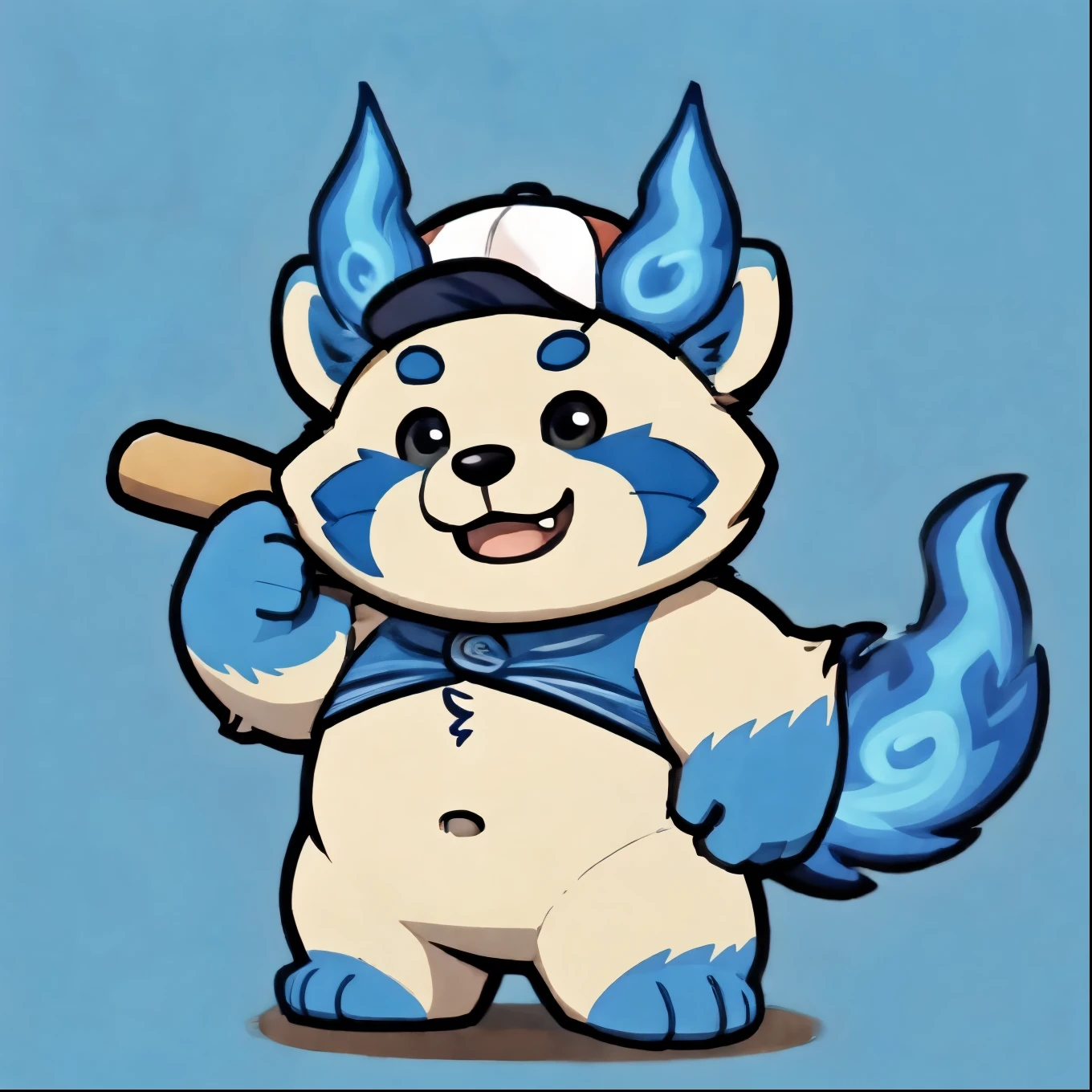 solo, botailang,Cute face, (baseball cap, Wielding Baseball bat) ,(Sideways, sidled), Chubby,(white eyebrows:1.1),(perfect black eyes),Simple background, Blue Background,print style。（Artist:Takemoto Arashi），blue fire