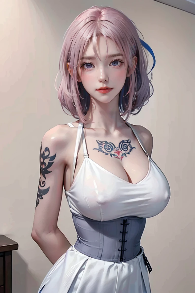 (Chest puffing pose),(Random Hairstyles),(Best image quality,(8K),Ultra-realistic,最high quality, high quality, High resolution, high quality,Attention to detail, White-pink hair, blue eyes, Red dress,(((Tight waist))), ((Big Breasts)),(See-through),(((He has many tattoos all over his body)),NSFW