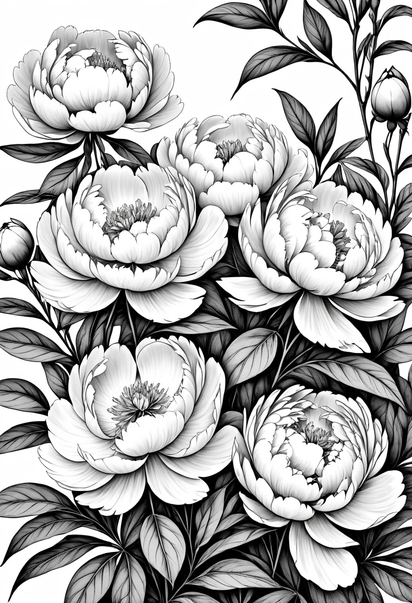 thin line drawing without shading and without black areas, drawing of many small peonies, On white background, monochrome, black andwhite, no shadows, white background, clear leaves, white sheets, light white leaves