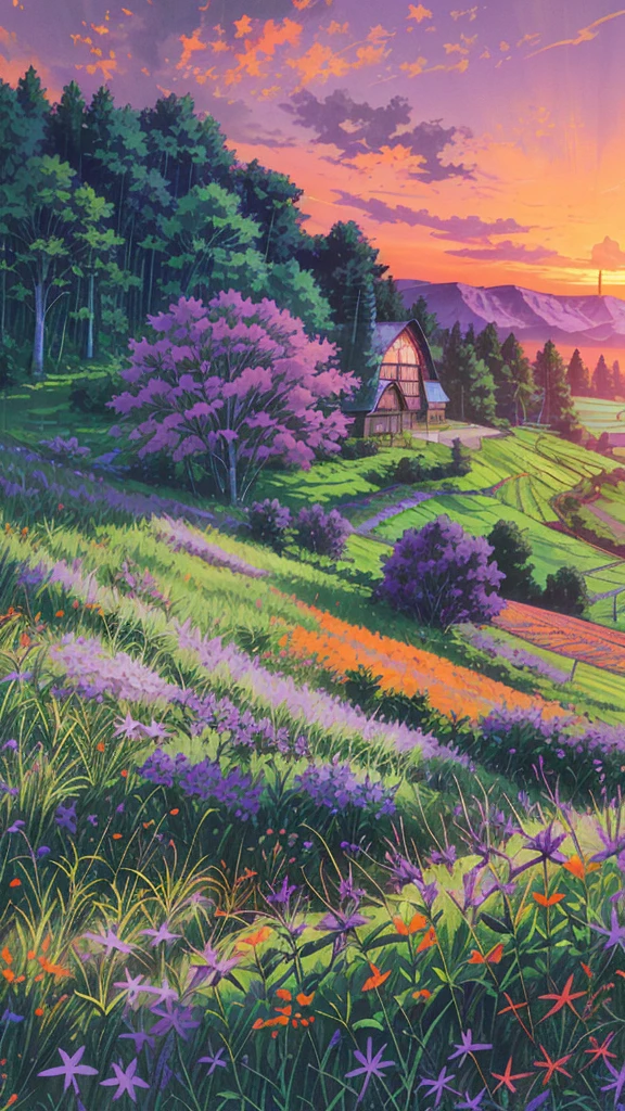 Farm land scenery filled with purple wild flowers, green trees and beautiful orange sky and bungalow with blue roof