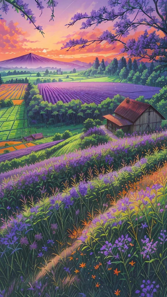 Farm land scenery filled with purple wild flowers, green trees and beautiful orange sky and bungalow with blue roof