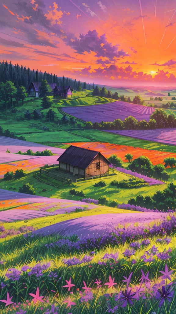 Farm land scenery filled with purple wild flowers, green trees and beautiful orange sky and bungalow with blue roof