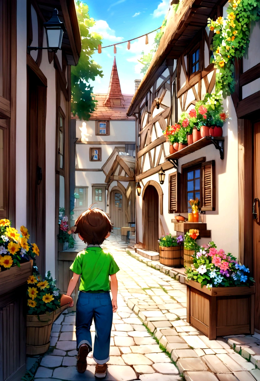 Jack is an eight-year-old boy with tousled brown hair and bright blue eyes. He wears worn-out blue jeans, a bright green t-shirt and sturdy brown sneakers. Jack is exploring the quaint village, his bright eyes filled with curiosity and excitement. He is walking along a cobblestone street, passing by small, charming houses with colorful flowers blooming in window boxes. The village is alive with activity; a baker stands outside his shop, a blacksmith works at his forge, and children play near a fountain. In the background, lush green trees and a clear blue sky indicate a sunny day. Jack's energetic presence and wide smile add to the warm and inviting atmosphere as he discovers new corners of the village, perhaps pausing to inspect a butterfly or to greet a friendly villager.