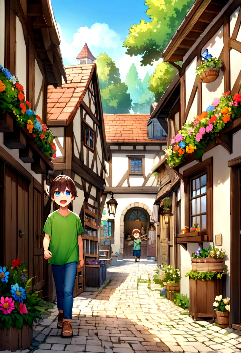 Jack is an eight-year-old boy with tousled brown hair and bright blue eyes. He wears worn-out blue jeans, a bright green t-shirt and sturdy brown sneakers. Jack is exploring the quaint village, his bright eyes filled with curiosity and excitement. He is walking along a cobblestone street, passing by small, charming houses with colorful flowers blooming in window boxes. The village is alive with activity; a baker stands outside his shop, a blacksmith works at his forge, and children play near a fountain. In the background, lush green trees and a clear blue sky indicate a sunny day. Jack's energetic presence and wide smile add to the warm and inviting atmosphere as he discovers new corners of the village, perhaps pausing to inspect a butterfly or to greet a friendly villager.