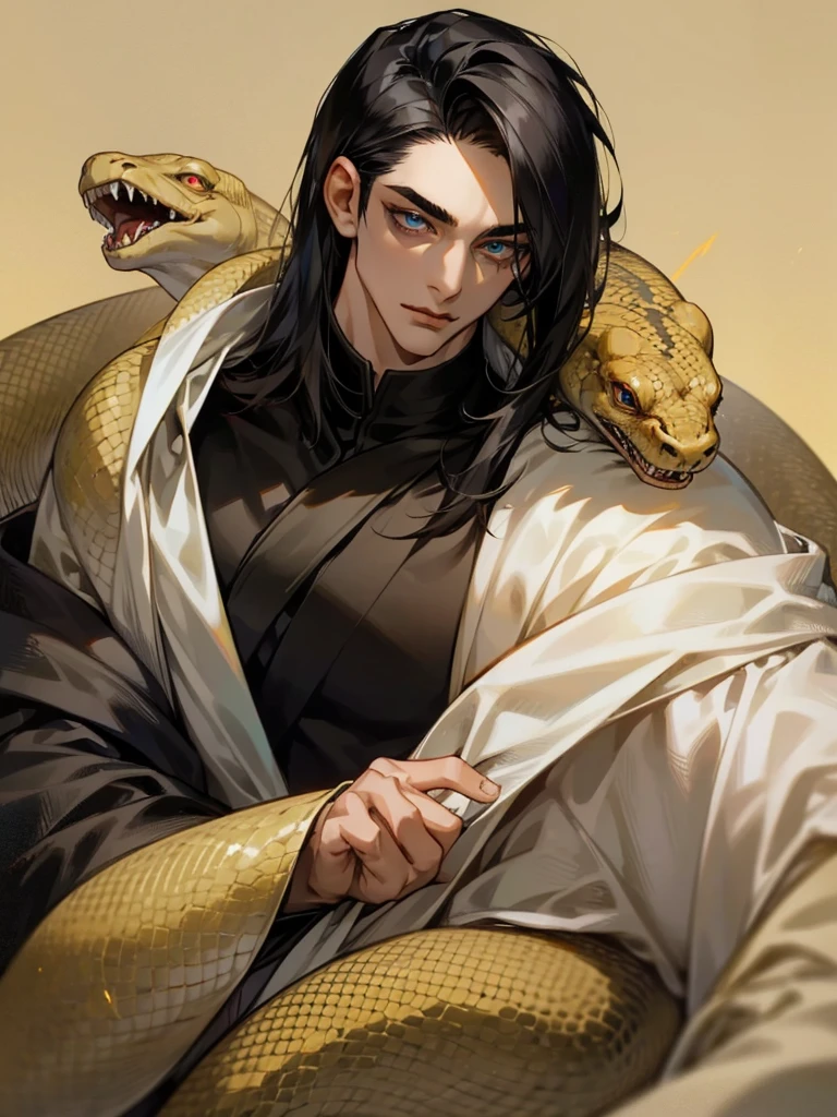 A young man in his twenties, with shoulder-length black hair that covers his right eye. His pupils are a snake-like gold, his eyebrows are long and thin, the corners of his eyes are slightly upturned, his skin is fair, and he looks handsome, but he always wears a mask.