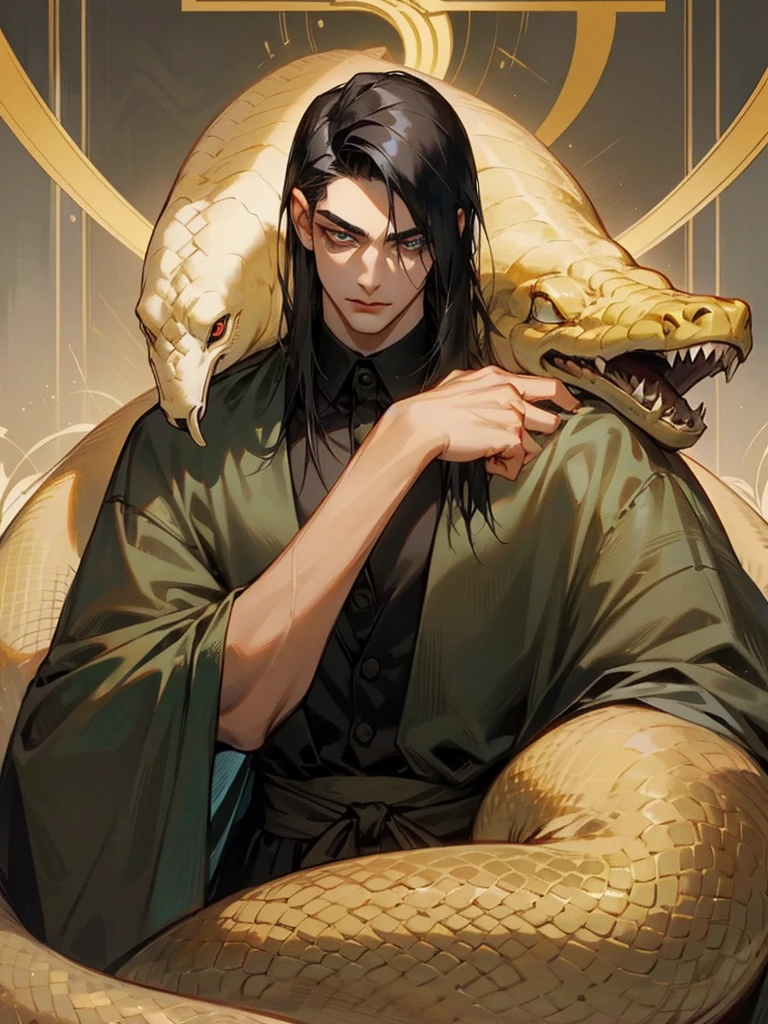 A young man in his twenties, with shoulder-length black hair that covers his right eye. His pupils are a snake-like gold, his eyebrows are long and thin, the corners of his eyes are slightly upturned, his skin is fair, and he looks handsome, but he always wears a mask, Slim figure, ancient style clothing