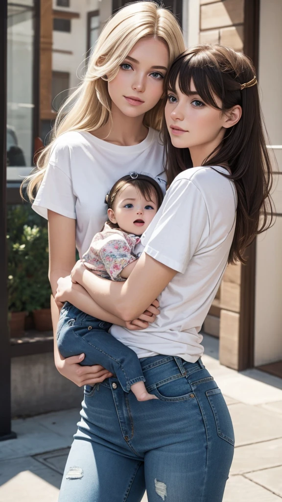 A white young European woman with fair hair in a T-shirt and jeans holds a  girl in her arms