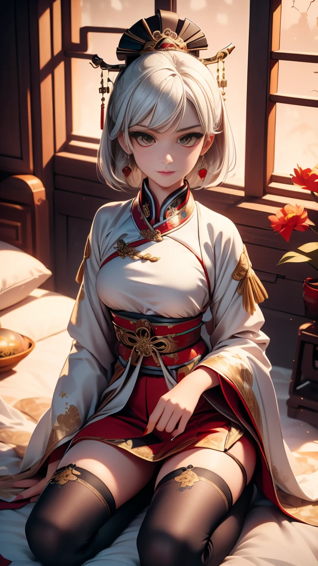 A very beautiful 19-year-old woman, (white hair:0,5), bob haircut, short hair, (yellow eyes:0.5) bright golden eyes, red nails, young beautiful face, muscular, slim but well-proportioned body, perfect white skin, highly detailed drawing, realistic face. (((Wearing traditional Chinese imperial clothes black:0,5))) ((red skirt with contour golden,)) (with red Hanafuda earrings,) (garterbelt black thigh-high socks.) Kneeling on a white bed in an ancient Chinese room, with a full moon and stars visible through the window, with light flashes reflecting on her body. 4k anime art, perfect lighting.