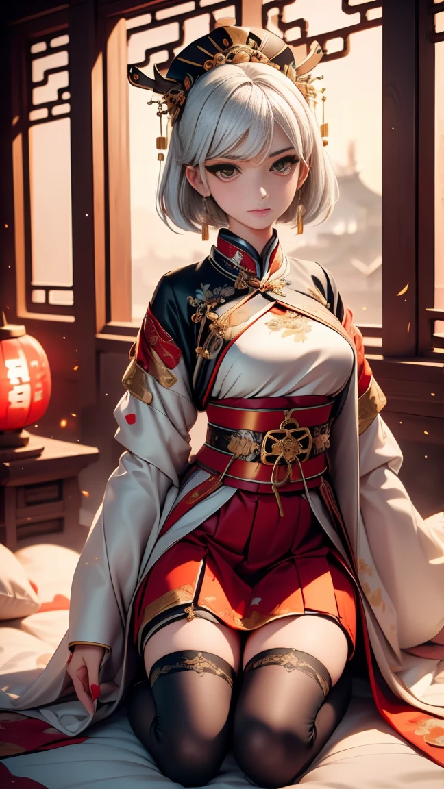 A very beautiful 19-year-old woman, (white hair:0,5), bob haircut, short hair, (yellow eyes:0.5) bright golden eyes, red nails, young beautiful face, muscular, slim but well-proportioned body, perfect white skin, highly detailed drawing, realistic face. (((Wearing traditional Chinese imperial clothes black:0,5))) ((red skirt with contour golden,)) (with red Hanafuda earrings,) (garterbelt black thigh-high socks.) Kneeling on a white bed in an ancient Chinese room, with a full moon and stars visible through the window, with light flashes reflecting on her body. 4k anime art, perfect lighting.