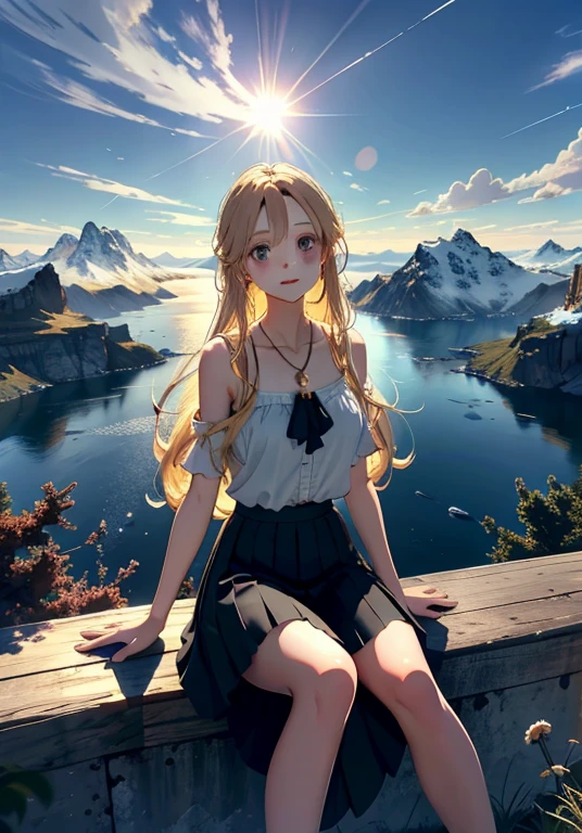 1 girl, happy expression, lovely eyes, long and straight hair, flowy skirt, Big, Looking at the sun, calm posture, Porcelain skin, subtle blush, crystal pendant BREAK golden hour, (edge lighting): 1.2, cold colors, sun flare, solar flare, soft shadows, bright colors, paint effects, fantastic atmosphere REST Picturesque lakes, distant mountains, Pins, mountain tops, Reflections, sunlit clouds, Quiet atmosphere, idyllic sunrise, ultra detailed, Official Art, Unified 8K Wallpapers, tangled, mandala