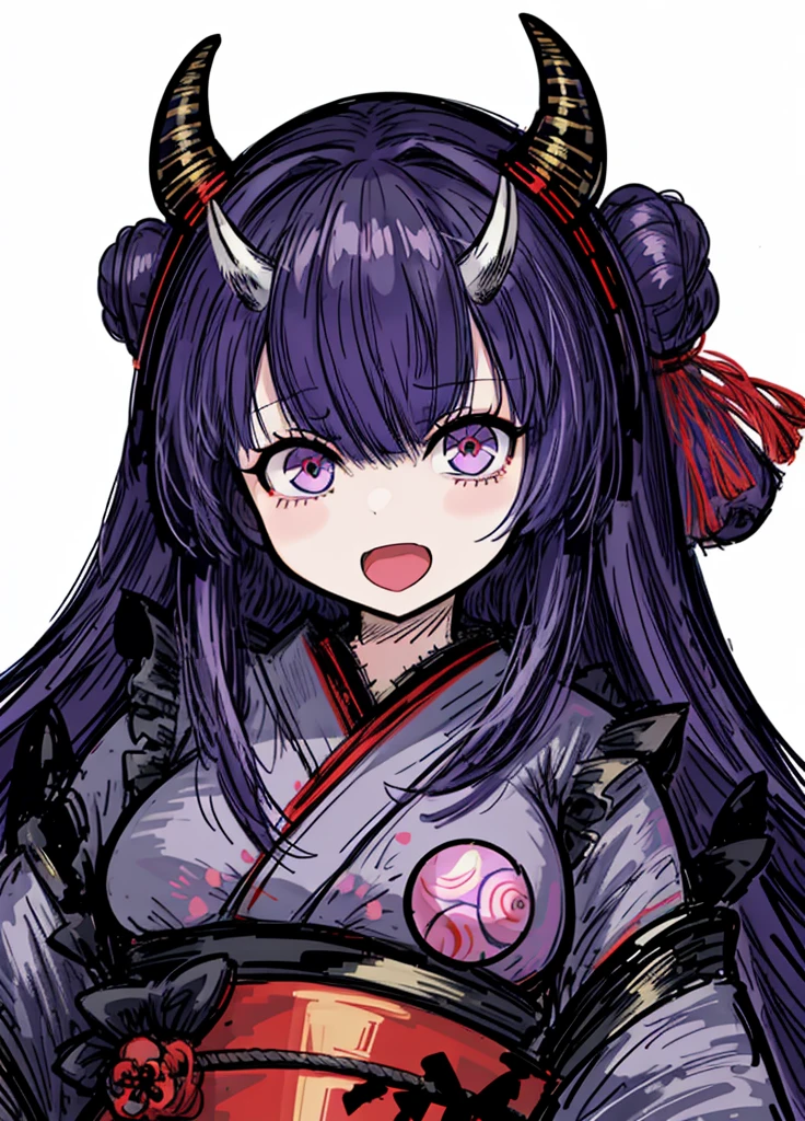 1girl,magical lavender hair, Japanese oni, kimono, giant mallet, actiz, noble, elegant, nice clothes, (high resolution, high detail, best quality),
black background, happy, open mouth, cute