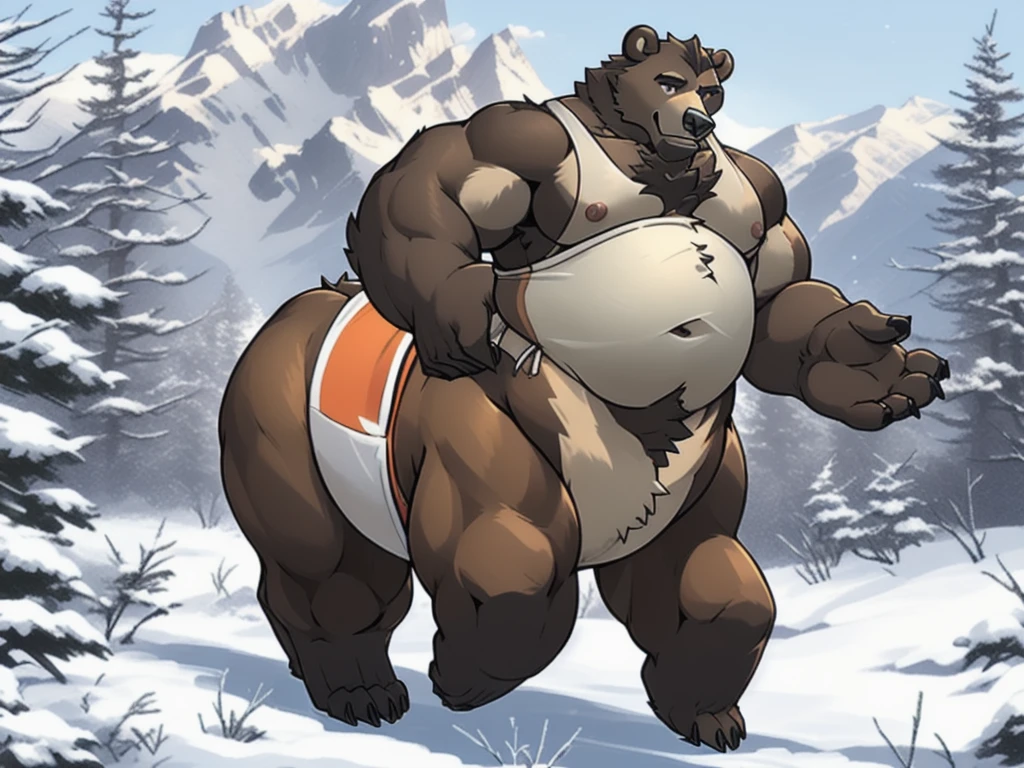 furry, fur taur, beartaur, middle-aged, 1man, solo, tanktop, rainbow_tanktop, hairy, arm_hair, leg_hair, short_hair, old, old_man, pectorals, large_pectorals, detailed face, bear ears, bear eyes(brown), bear nose(black), bear mouth, garibaldi beard(grey), hair(grey), detailed arms, thick arms, muscular, muscular_male, nipplek hands(5 fingers), detailed body belly, thick body, muscle belly(white), thick chest, chest hair(grey), detailed taur body, thick taur body, thick bear paws, thick bear tail, full body shot, winter, running on the mountain