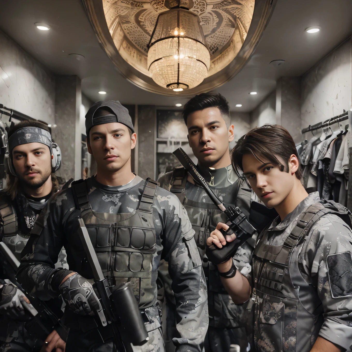 picture from team paintball, the background is blurry in a changing room, a paintball costume decorated in gray, realistic, cinematic, very detailed, intricate design