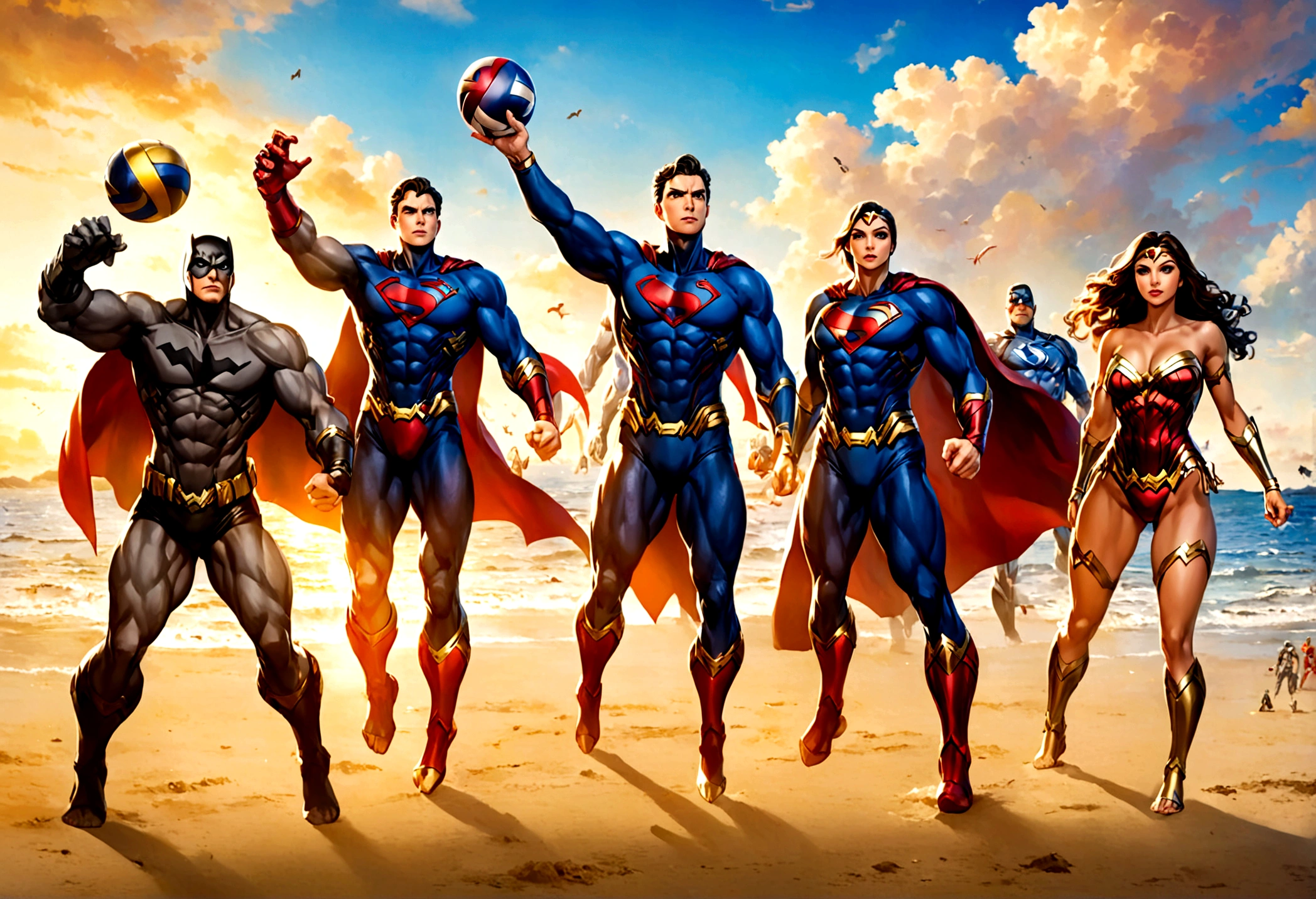 a group of superheroes playing volleyball on a beach, DC justice league vs marvel avengers, 5 players per team, relaxing super costumes, (best quality,4k,8k,highres,masterpiece:1.2),ultra-detailed,(realistic,photorealistic,photo-realistic:1.37),dramatic lighting, beautiful detailed eyes, beautiful detailed lips, extremely detailed eyes and face, long eyelashes, muscular athletic bodies, flying sand, ocean waves, golden sunset sky, vibrant colors, dramatic action poses
