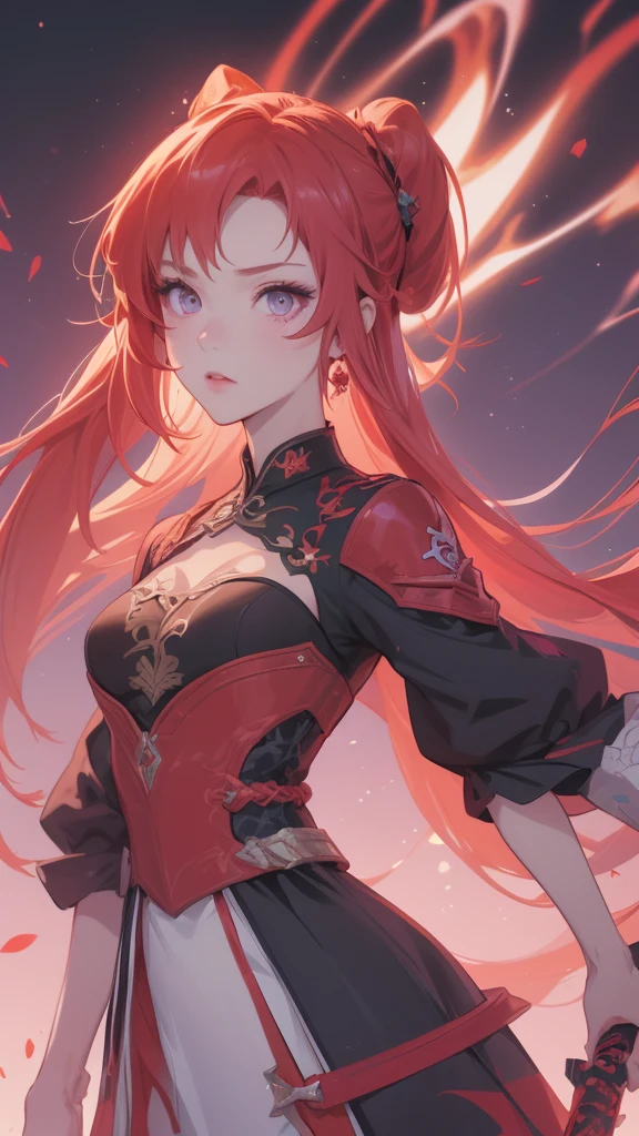 a close-up of a person with red hair and a sword, impacto de ayaka genshin, jogo ayaka impacto Genshin, keqing do impacto genshin, zhongli do impacto genshin, also, anime moe art style, genshin, cute anime waifu in a beautiful dress, female protagonist 👀 :8, demon slayer rui fanart, purple eye iris, ( black leagwear), disdainful expression, looking from bottom to top, view from the bottom, (( small red spherical piercing below the eyes)) , (a black, braided headband ), (green forest in the background)