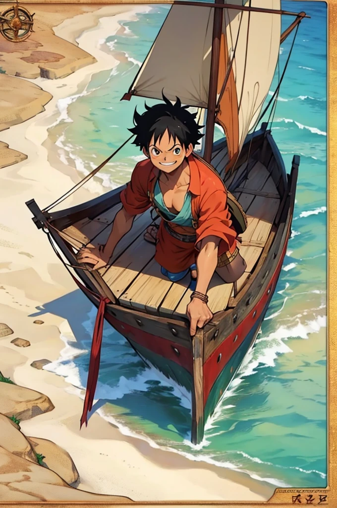 luffy standing on his tbousand sunny ship watching map in his hand and pointing to an island should be in 2d