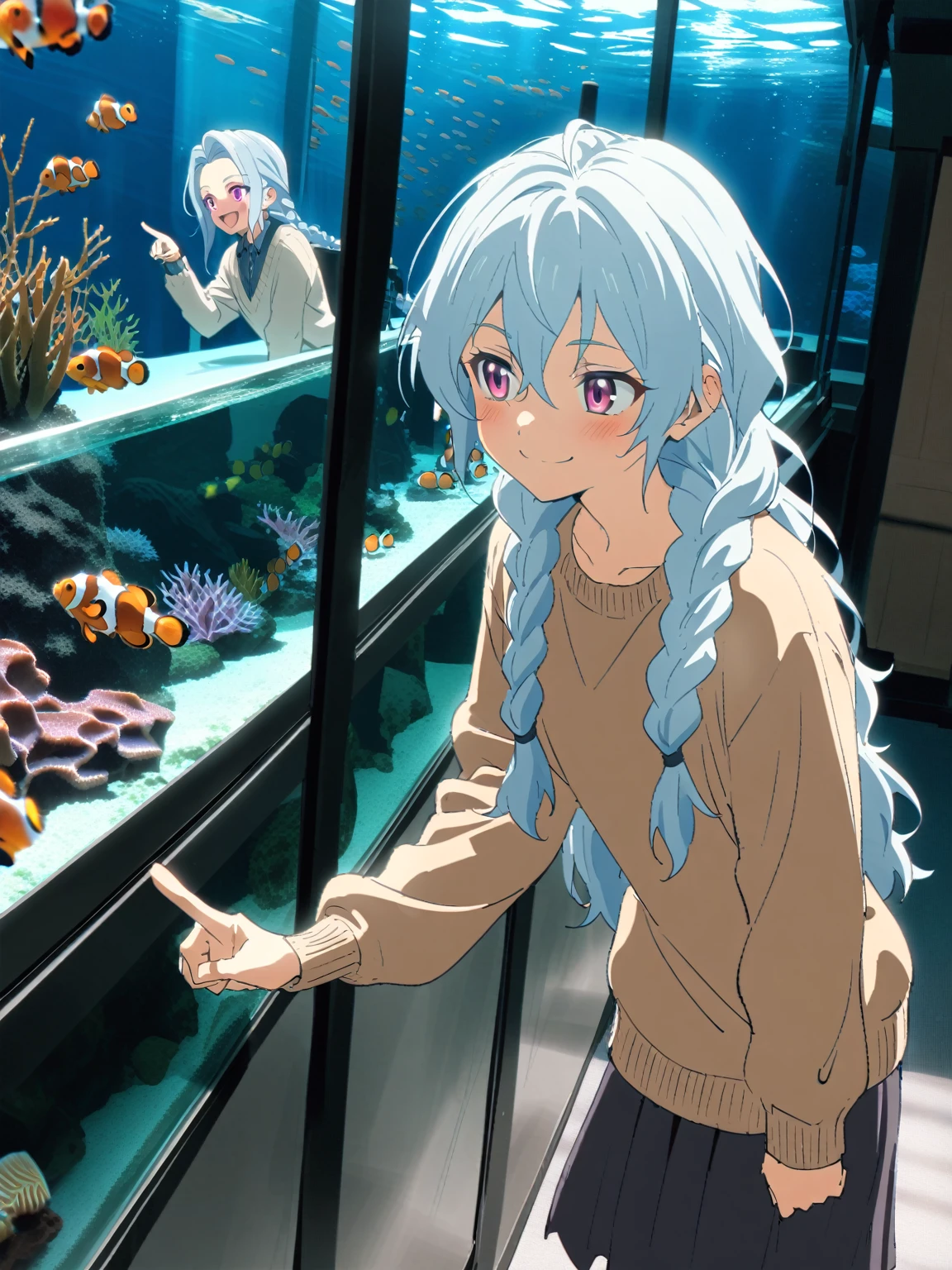{{upper body}} {{Artist: sincos}} 1boy, mature male, light blue hair, long hair, braided hair, pink eyes, androgynous, sweater, skirt, indoors, aquarium, standing, pointing at tank full of clownfish, leaning towards tank, smile