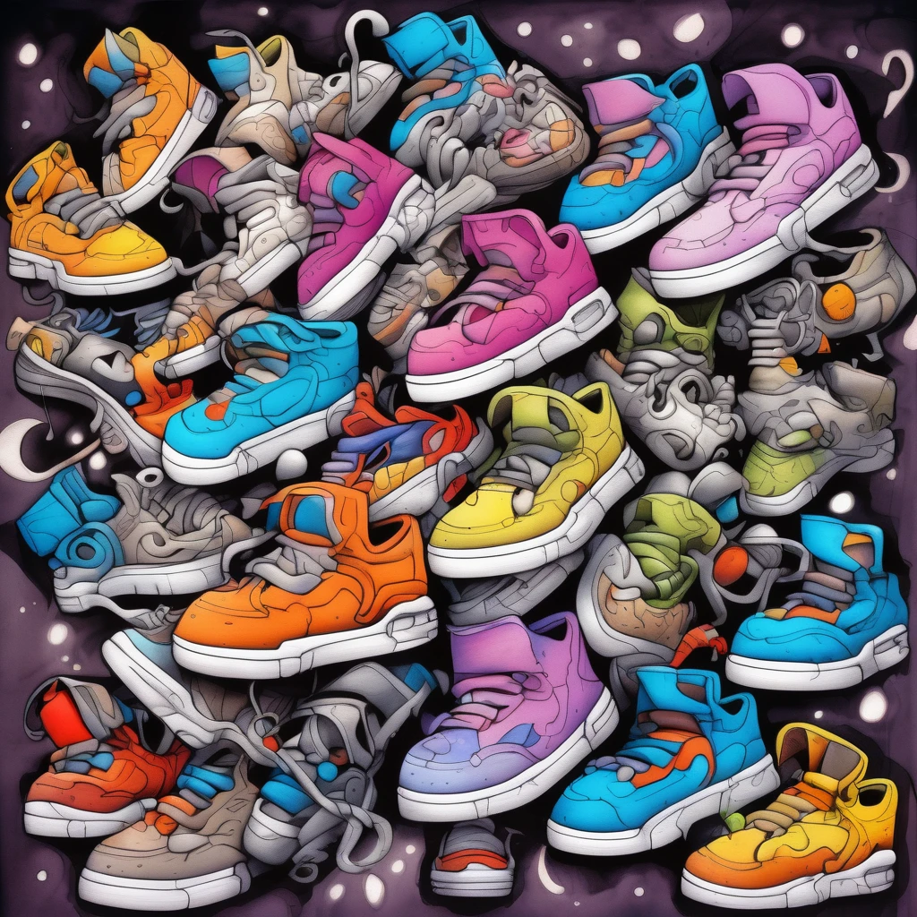 Skottie Young Style - hiphop moon drawn and colored with markers cheo bristol art style
A background completely filled with scattered sneaker in various sizes and colors, covering the entire screen.
characterstey