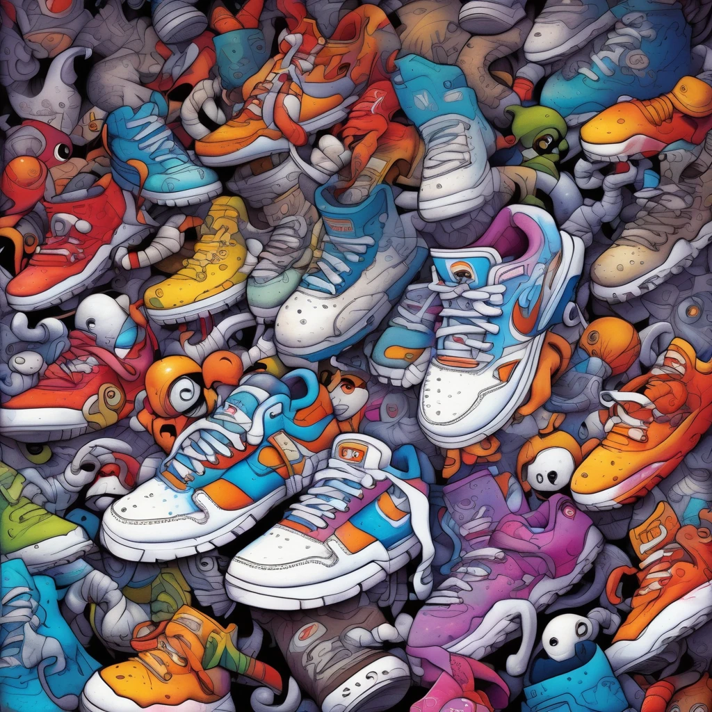 Skottie Young Style - hiphop moon drawn and colored with markers cheo bristol art style
A background completely filled with scattered sneaker in various sizes and colors, covering the entire screen.
characterstey