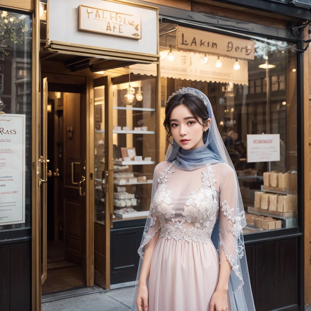 1 girl, long satin dress, standing in front of cake shop, detailed face, detailed eyes, detailed lips, long eyelashes, elegant hijab flow, detailed dress texture, detailed brokat outer, detailed cake shop background, (best quality,4k,8k,highres,masterpiece:1.2),ultra-detailed,(realistic,photorealistic,photo-realistic:1.37),vivid colors,natural lighting