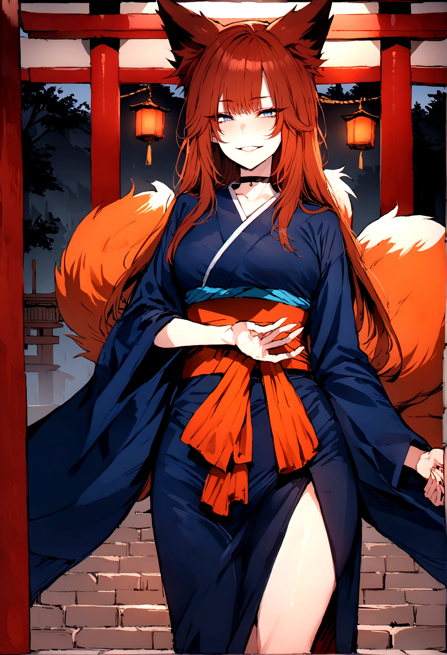 masterpiece, best quality, kitsune 1girl, solo, beautiful kitsune woman, fox ears, bangs, auburn hair, very long hair, blue eyes, grin, medium breasts, black choker, blue kimono, long kimono, long kimono sleeves, blue sash, 5 auburn fox tails, auburn hair,  looking at viewer, shrine background, holding out hand to viewer