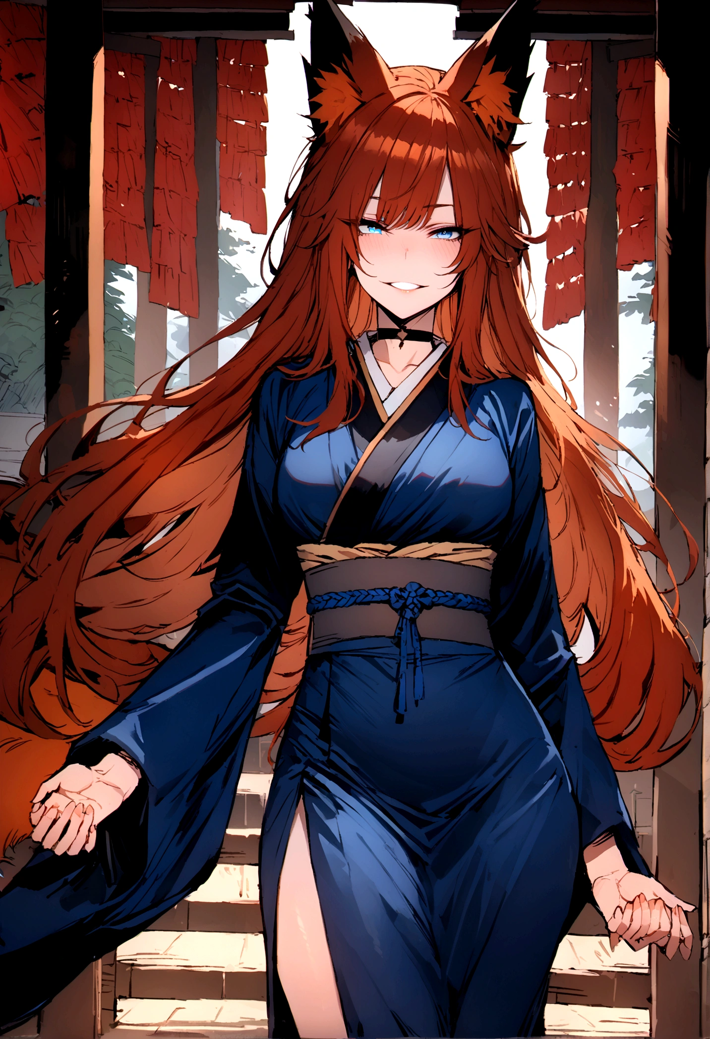 masterpiece, best quality, kitsune 1girl, solo, beautiful kitsune woman, fox ears, bangs, auburn hair, very long hair, blue eyes, grin, medium breasts, black choker, blue kimono, long kimono, long kimono sleeves, blue sash, 5 auburn fox tails, auburn hair,  looking at viewer, shrine background, holding out hand to viewer