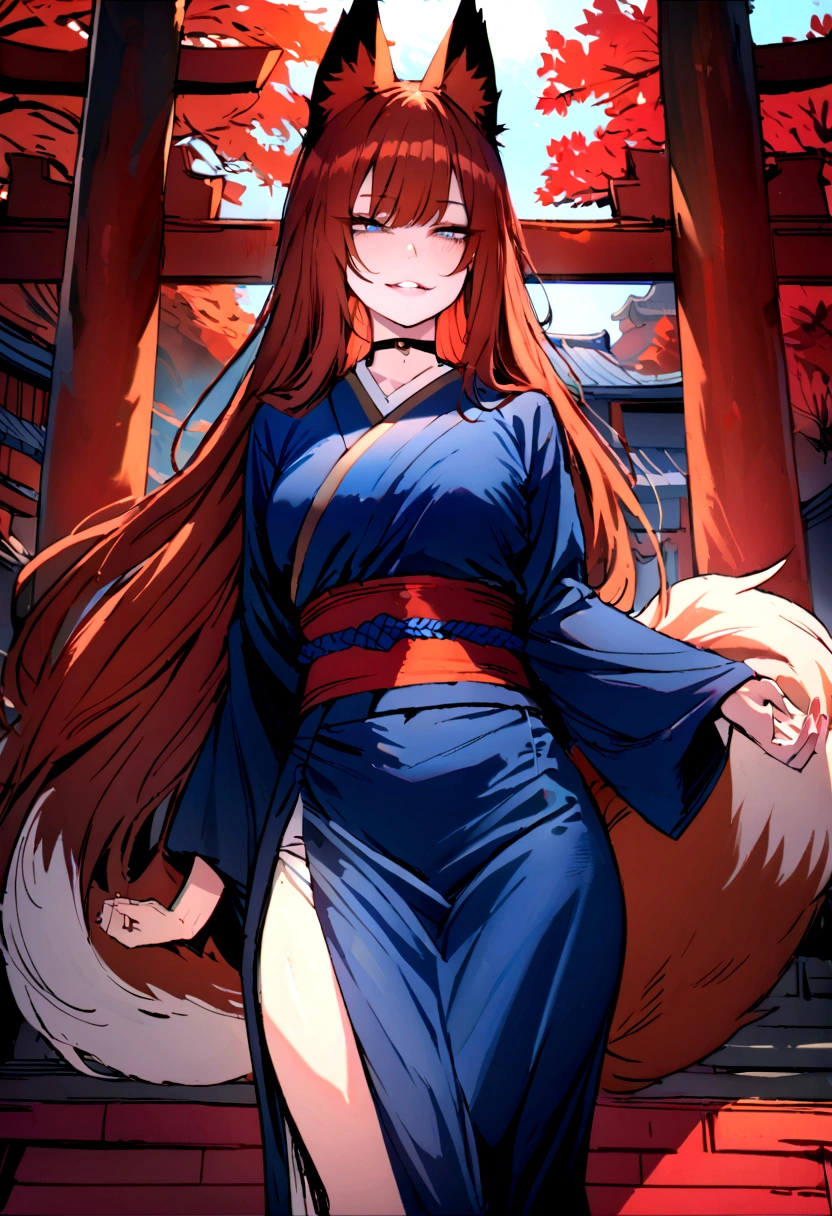 masterpiece, best quality, kitsune 1girl, solo, beautiful kitsune woman, fox ears, bangs, auburn hair, very long hair, blue eyes, grin, medium breasts, black choker, blue kimono, long kimono, long kimono sleeves, blue sash, 5 auburn fox tails, auburn hair, looking at viewer, shrine background, holding out hand to viewer
