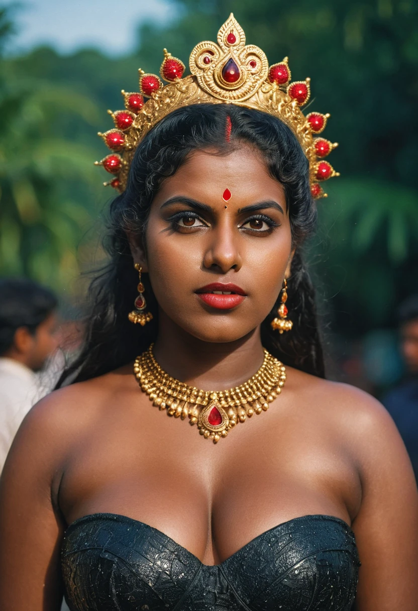 (((photo of a ancient kerala crowned temple goddess ))), (((black kali))) , (((Half Body))), (((very dark skin))), (((age 18+))), (((chubby tall))), (((huge busty milky wet big massive boobs))), (((nude thigh))), (((ancient black mini skirt))), ((black skin dark body)), (((red ornaments))), (((depth of field))), ((( flame bokeh))), (((rain))), ((( flashing light leaks))), (((divine))), photorealistic,photo, realism, Getty Images, RAW candid cinema, 16mm, colour graded portra 400 film, remarkable colour, ultra realistic, textured skin, remarkable detailed pupils, realistic dull skin noise, visible skin detail, skin fuzz, dry skin, shot with cinematic,light leaks, RAW Image, DOF, depth of field,bokeh