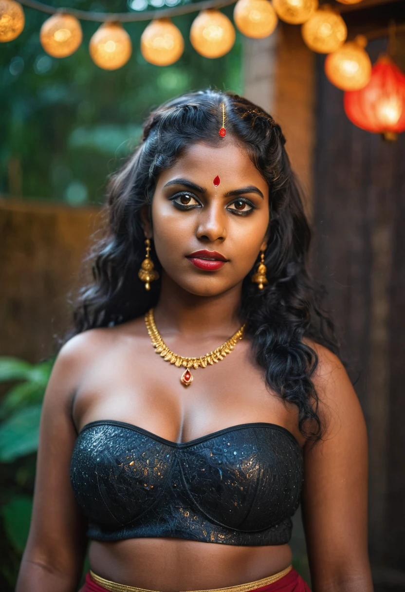 (((photo of a ancient kerala crowned temple goddess ))), (((black kali))) , (((Half Body))), (((very dark skin))), (((age 18+))), (((plus size chubby tall))), (((huge busty milky wet big massive boobs))), (((nude thick thigh))), (((ancient black mini skirt))), ((black skin dark body)), (((red ornaments))), (((depth of field))), ((( flame bokeh))), (((rain))), ((( flashing light leaks))), (((divine))), photorealistic,photo, realism, Getty Images, RAW candid cinema, 16mm, colour graded portra 400 film, remarkable colour, ultra realistic, textured skin, remarkable detailed pupils, realistic dull skin noise, visible skin detail, skin fuzz, dry skin, shot with cinematic,light leaks, RAW Image, DOF, depth of field,bokeh,mylocalgirl