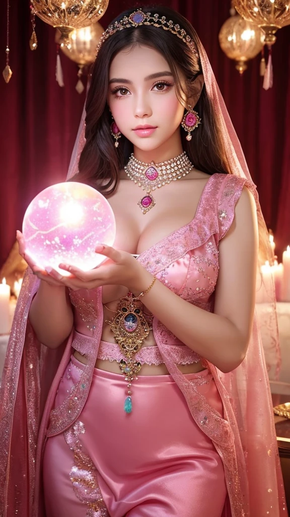 Beautiful gypsy woman tarot card fortune teller、young woman、Holding a very large, shiny crystal ball in both hands、Facing forward、Cute pink outfit、looking at the camera、The background is a fortune-telling parlor、