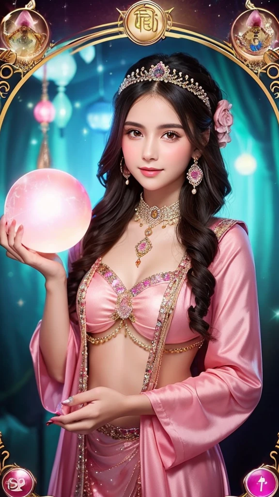 Beautiful gypsy woman tarot card fortune teller、young woman、Holding a very large, shiny crystal ball in both hands、Facing forward、Cute pink outfit、looking at the camera、The background is a fortune-telling parlor、