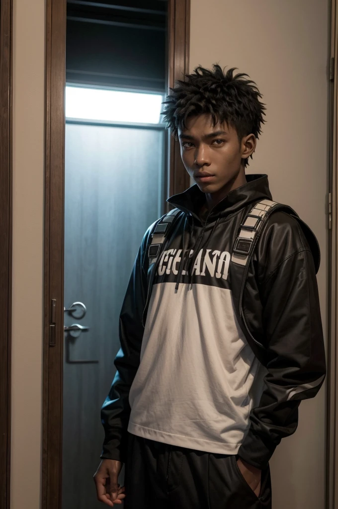 a 16-year-old support jujutsu sorcerer, dark-skinned, 1,62 tall, charismatic, with a guitar on his back and his innate technique allows him to create doors in inanimate places with the clothes of a jujutsu sorcerer in the style of the jujutsu kaisen cartoon