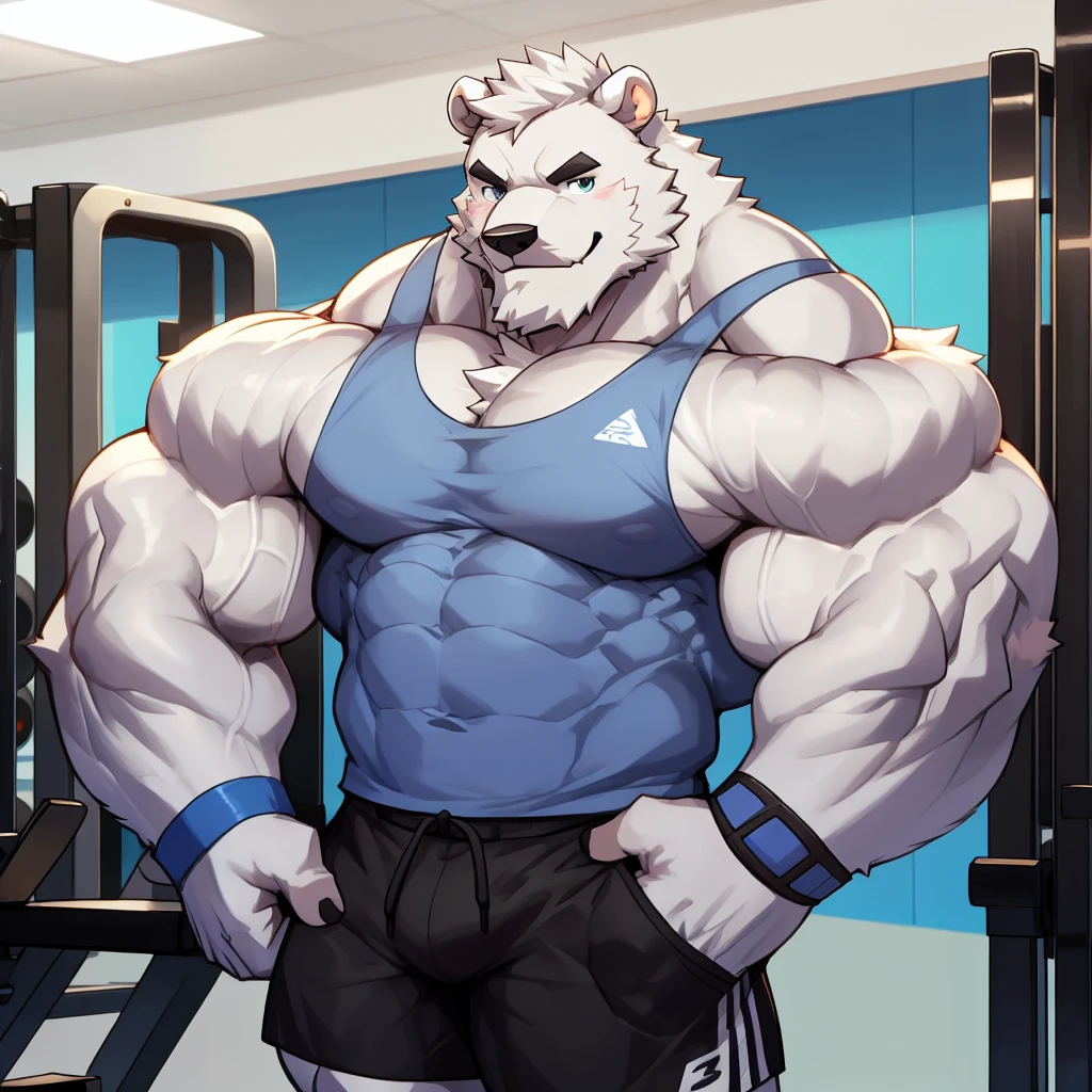 solo, 1boy, Huge Muscular White Polar Bear wearing glasses, huge white fur, pectoral, huge pectoral, wide pectoral, short white hair, blue colored short pants, blue colored wristbands and blue colored tank top, white bearded, white Mustache, white fur, black eyebrows, gym fitness center background, masterpiece, high detailed, detailed eyes, 8k, high resolution, at the gym, flexes huge thorax, looking at the viewer, acting all hunk