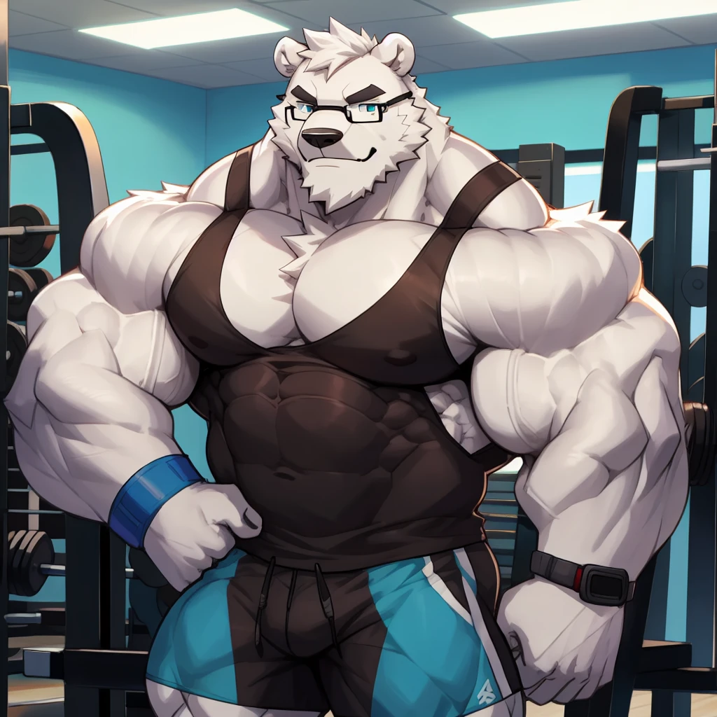 solo, 1boy, Huge Muscular White Polar Bear wearing glasses, huge white fur, pectoral, huge pectoral, wide pectoral, short white hair, blue colored short pants, blue colored wristbands and blue colored tank top, white bearded, white Mustache, white fur, black eyebrows, gym fitness center background, masterpiece, high detailed, detailed eyes, 8k, high resolution, at the gym, flexes huge thorax, looking at the viewer, acting all hunk