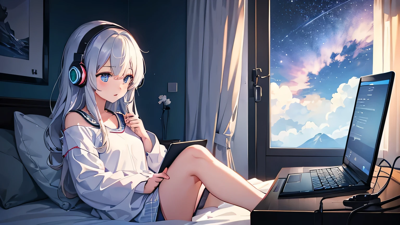 A girl is typing on a laptop while listening to music with headphones in her room、Dim room lighting、Outside the room is a starry sky.、Japanese anime style