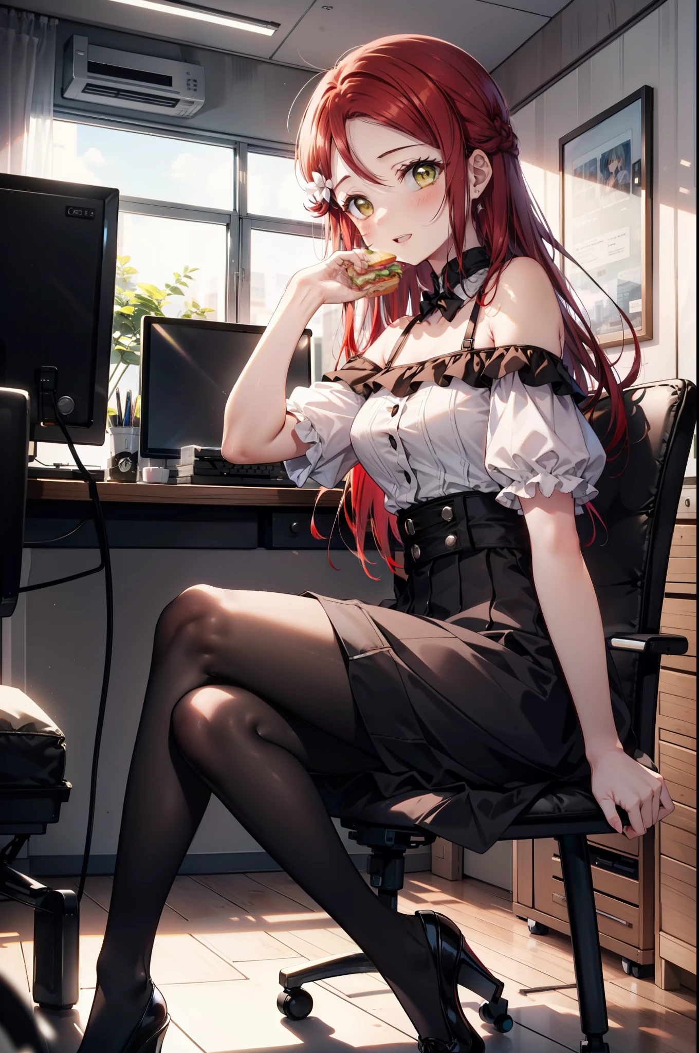 rikosakurauchi, Riko Sakurauchi, (Brown eyes:1.5), Hair between the eyes, Long Hair, (Redhead:1.5), (Small breasts:1.2), smile,blush,Open your mouth,Cold Shoulder Shirt,Short sleeve,Long skirt,Black pantyhose,Stiletto heels,Sitting in a chair,is holding a sandwich with both hands and eating it,There is a computer and a sandwich on the table.,interior,So that the whole body goes into the illustration,
break looking at viewer, 全身
break outdoors, office,
break (masterpiece:1.2), Highest quality, High resolution, unity 8k wallpaper, (figure:0.8), (Beautiful attention to detail:1.6), Highly detailed face, Perfect lighting, Highly detailed CG, (Perfect hands, Perfect Anatomy),