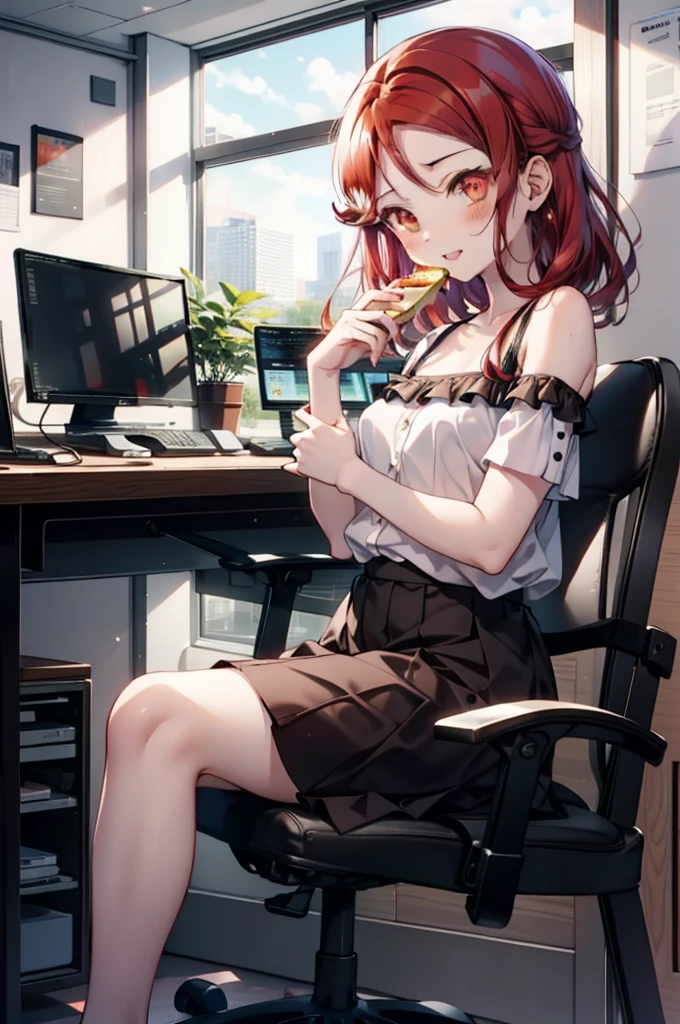 rikosakurauchi, Riko Sakurauchi, (Brown eyes:1.5), Hair between the eyes, Long Hair, (Redhead:1.5), (Small breasts:1.2), smile,blush,Open your mouth,Cold Shoulder Shirt,Short sleeve,Long skirt,Black pantyhose,Stiletto heels,Sitting in a chair,is holding a sandwich with both hands and eating it,There is a computer and a sandwich on the table.,interior,So that the whole body goes into the illustration,
break looking at viewer, 全身
break outdoors, office,
break (masterpiece:1.2), Highest quality, High resolution, unity 8k wallpaper, (figure:0.8), (Beautiful attention to detail:1.6), Highly detailed face, Perfect lighting, Highly detailed CG, (Perfect hands, Perfect Anatomy),