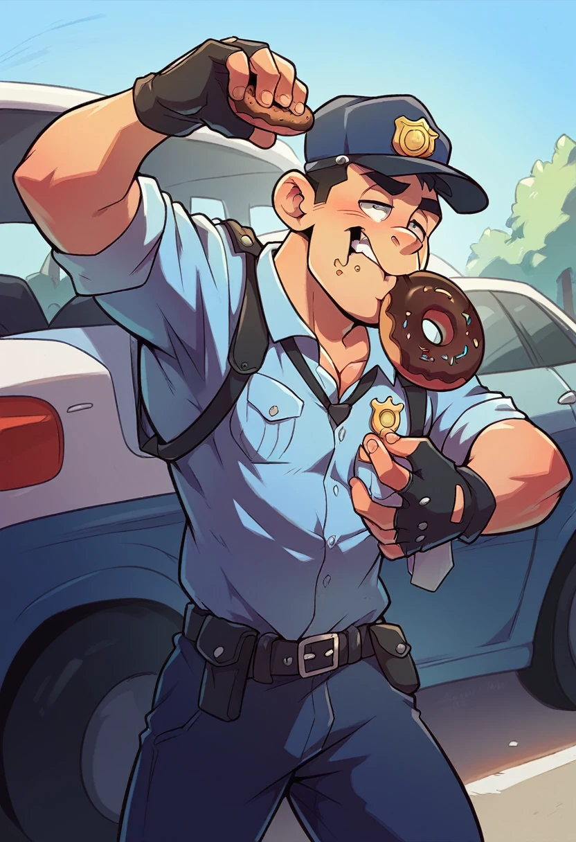 A police man was leaning against a police car while eating a black donut