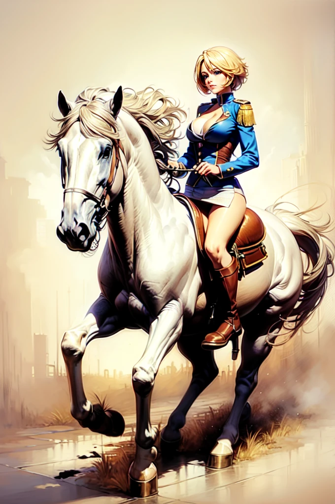 ((best quality)), ((anime masterpiece)), (high detailed), 8k, cinematic lighting, perfect face, large breast, cleavage, blue eyes, 1girl riding a WHITE HORSE, short hair, pixie cut, {blonde hair}, (sexy uniform, miniskirt, bare legs, black boots), [white horse, saddle, reins, bridle, stirups], solo, FULL BODY, both hand holding rein, (from side: 1.2), anatomically correct
