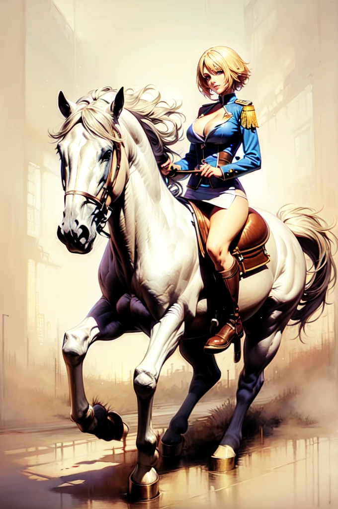 ((best quality)), ((anime masterpiece)), (high detailed), 8k, cinematic lighting, perfect face, large breast, cleavage, blue eyes, 1girl riding a WHITE HORSE, short hair, pixie cut, {blonde hair}, (sexy uniform, miniskirt, bare legs, black boots), [white horse, saddle, reins, bridle, stirups], solo, FULL BODY, both hand holding rein, (from side: 1.2), anatomically correct
