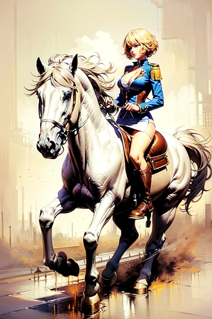 ((best quality)), ((anime masterpiece)), (high detailed), 8k, cinematic lighting, perfect face, large breast, cleavage, blue eyes, 1girl riding a WHITE HORSE, short hair, pixie cut, {blonde hair}, (sexy uniform, miniskirt, bare legs, black boots), [white horse, saddle, reins, bridle, stirups], solo, FULL BODY, both hand holding rein, (from side: 1.2), anatomically correct
