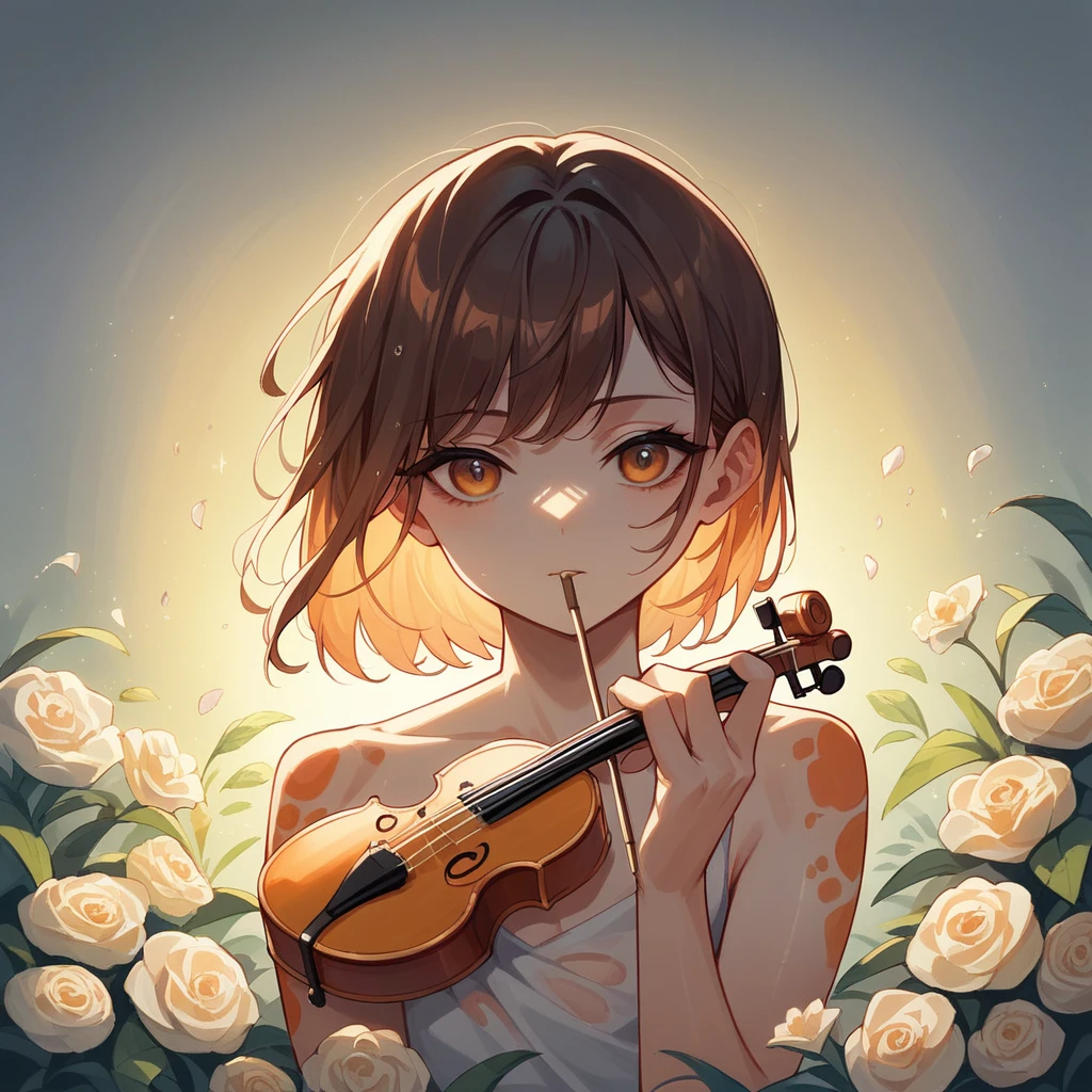 flute、Violin、Classical Guitar、Oxidized orange spots, Dark brown spots, Random paint drops, A subtle, suggestive glow from reflections, Flowers, oil, Graphic contrast with fine corrosion texture,Used paint, Dramatic lighting, Ultra-fine detail, Artistic Expression.