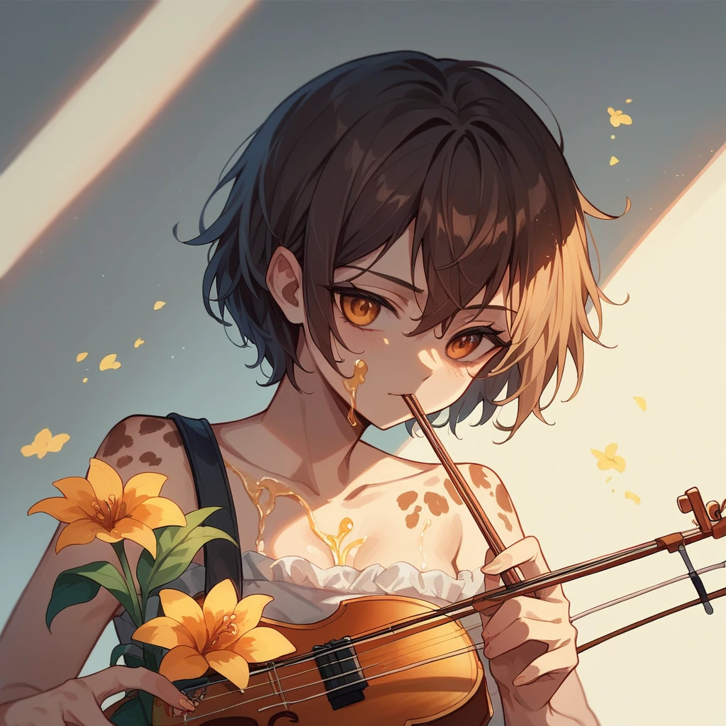 flute、Violin、Classical Guitar、Oxidized orange spots, Dark brown spots, Random paint drops, A subtle, suggestive glow from reflections, Flowers, oil, Graphic contrast with fine corrosion texture,Used paint, Dramatic lighting, Ultra-fine detail, Artistic Expression.