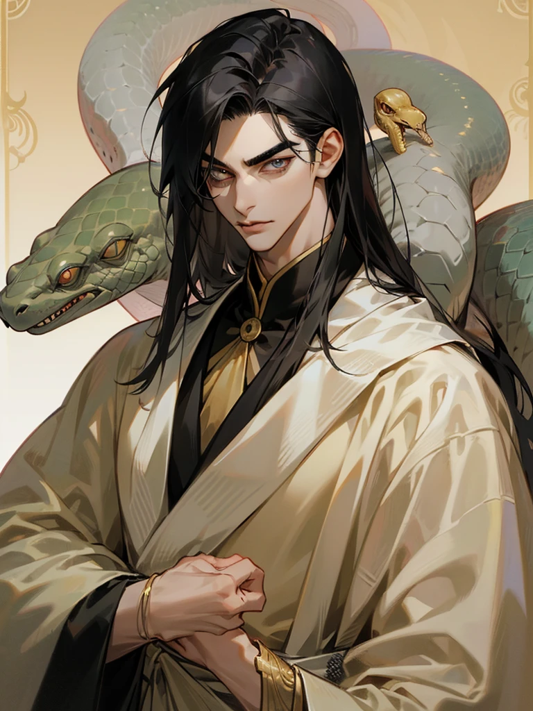 A young man in his twenties, with shoulder-length black hair that covers his right eye. His pupils are a snake-like gold, his eyebrows are long and thin, the corners of his eyes are slightly upturned, his skin is fair, and he looks handsome, but he always wears a mask, Slim figure, ancient style clothing