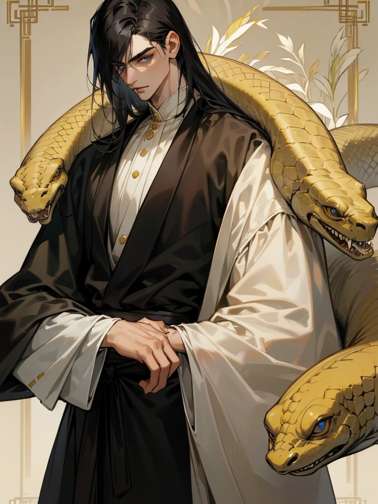 A young man in his twenties, with shoulder-length black hair that covers his right eye. His pupils are a snake-like gold, his eyebrows are long and thin, the corners of his eyes are slightly upturned, his skin is fair, and he looks handsome, but he always wears a mask, Slim figure, ancient style clothing