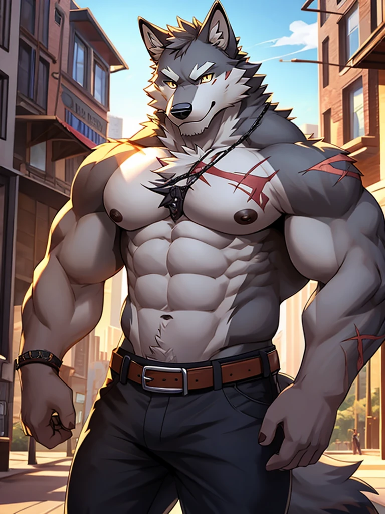 1boy, abs, animal ears, bara, belt, black pants, building, chest tattoo, city, cowboy shot, furry, furry male, grey fur, large pectorals, looking at viewer, male focus, muscular, muscular male, navel, nipples, outdoors, pants, pectorals, scar, solo, stomach, topless male, white fur, wolf boy, wolf ears, yellow eyes