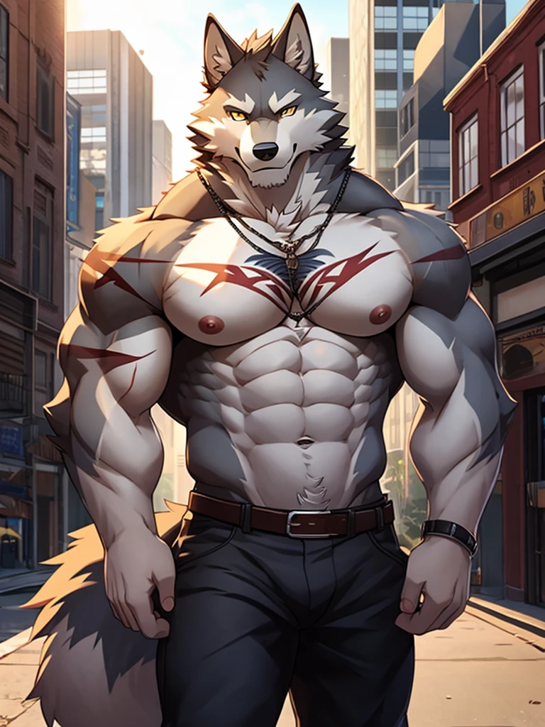 1boy, abs, animal ears, bara, belt, black pants, building, chest tattoo, city, cowboy shot, furry, furry male, grey fur, large pectorals, looking at viewer, male focus, muscular, muscular male, navel, nipples, outdoors, pants, pectorals, scar, solo, stomach, topless male, white fur, wolf boy, wolf ears, yellow eyes