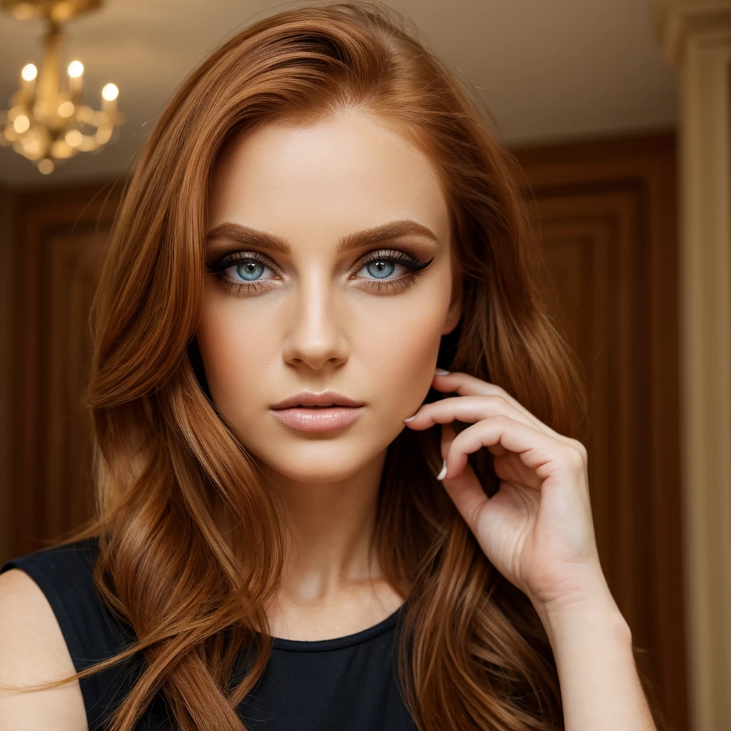 photorealistic, realistic, best quality, highest quality, masterpiece, award winning, extremely detailed, highly detailed, inside house, ukranian woman, attractive, beautiful, glamorous, sophisticated, ginger hair, big eyes, fair skin, cool hair, detailed face, detailed hands and fingers, wearing makeup, eyeshadow, eyeliner, wearing casual outfit standing, facing forward, facing viewer, looking forward, looking at viewer, upper half body portrait